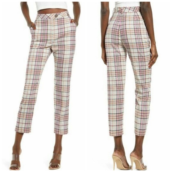 Leith Pants - Leith Anthropologie Ivory Arlette Colorful Plaid High Waist Straight Pants Small